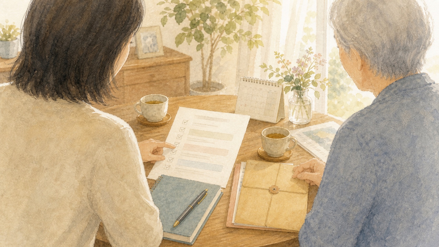 親の終活チェックリストを家族で確認している水彩イラスト