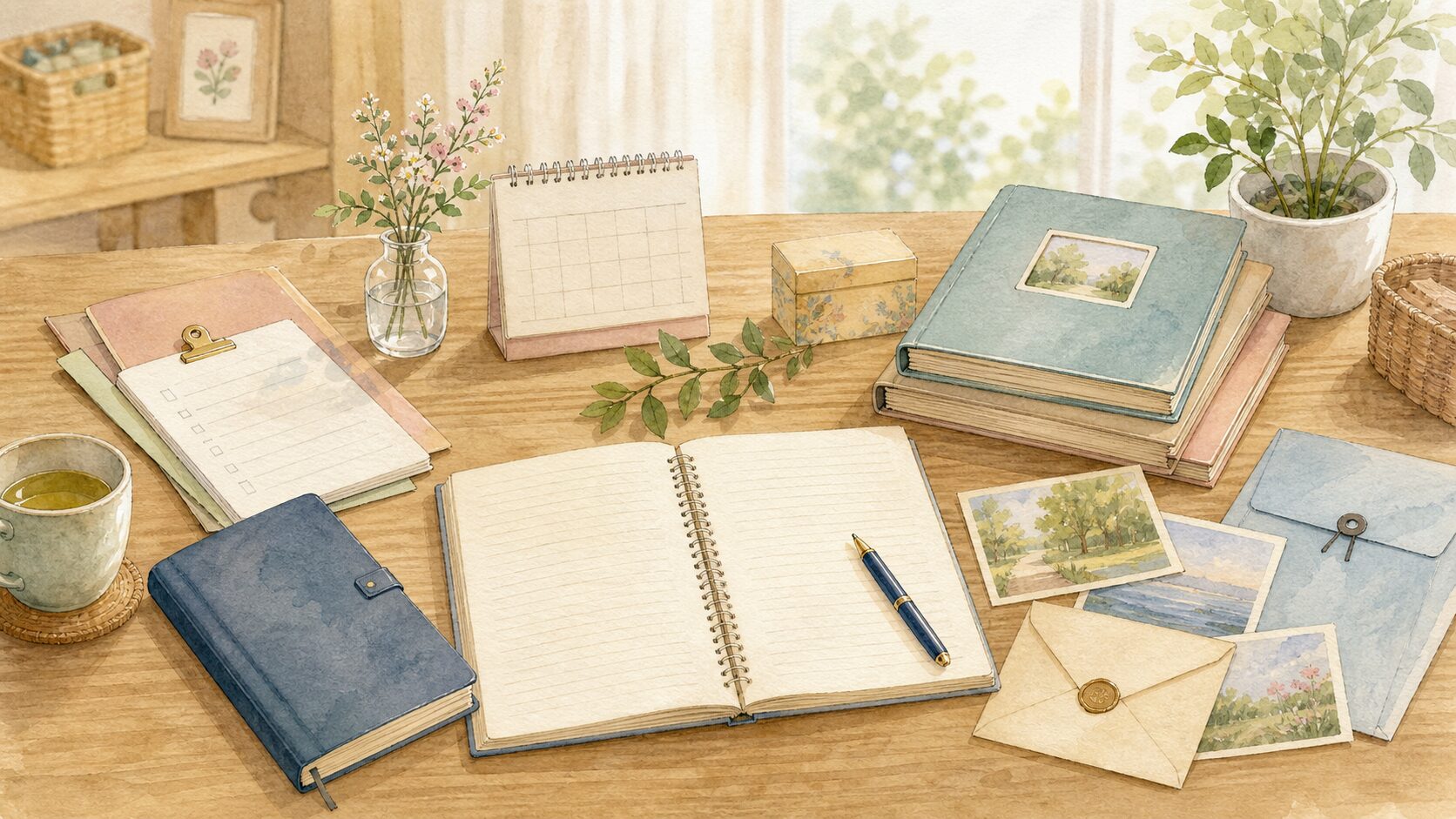 終活の準備を整理するノートや書類の水彩イラスト