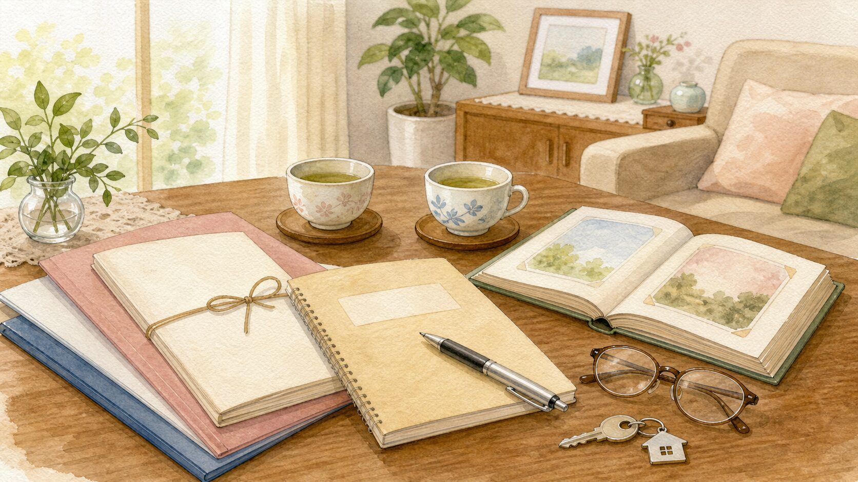 親子で終活の準備を話し合う前のテーブルの水彩イラスト