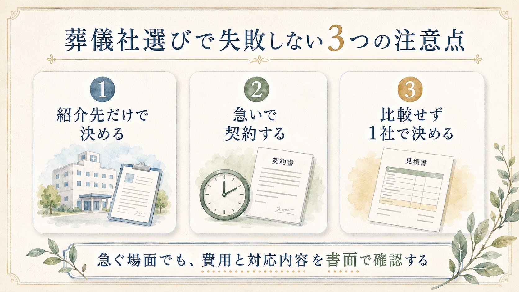 葬儀社選びで後悔しにくいための3つの注意点をまとめた図解