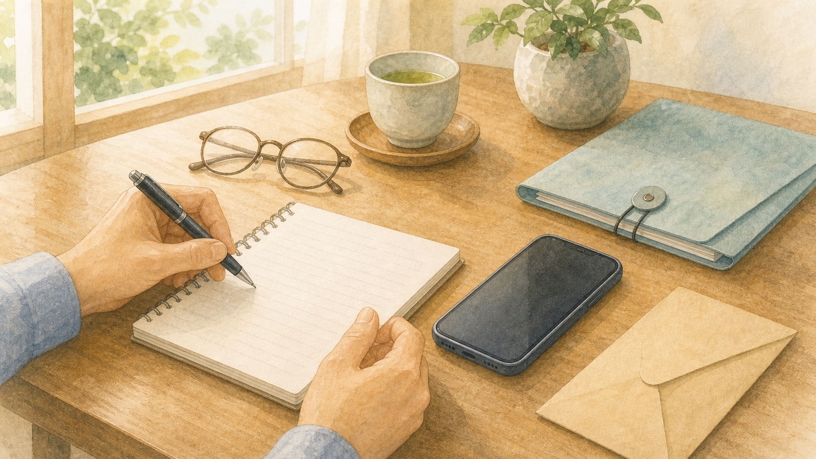 親のスマホと重要情報の所在をノートに整理しているイメージ