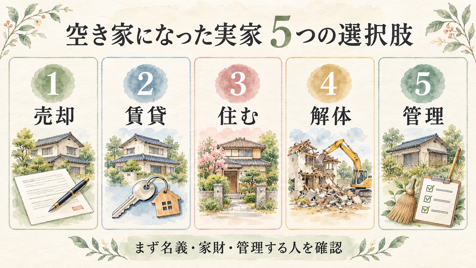 空き家になった実家の売却・賃貸・居住・解体・管理の5つの選択肢を示す水彩図解