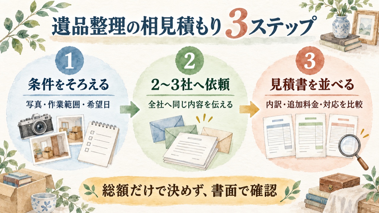 遺品整理の相見積もりで条件をそろえ2〜3社へ依頼し見積書を並べる3ステップ