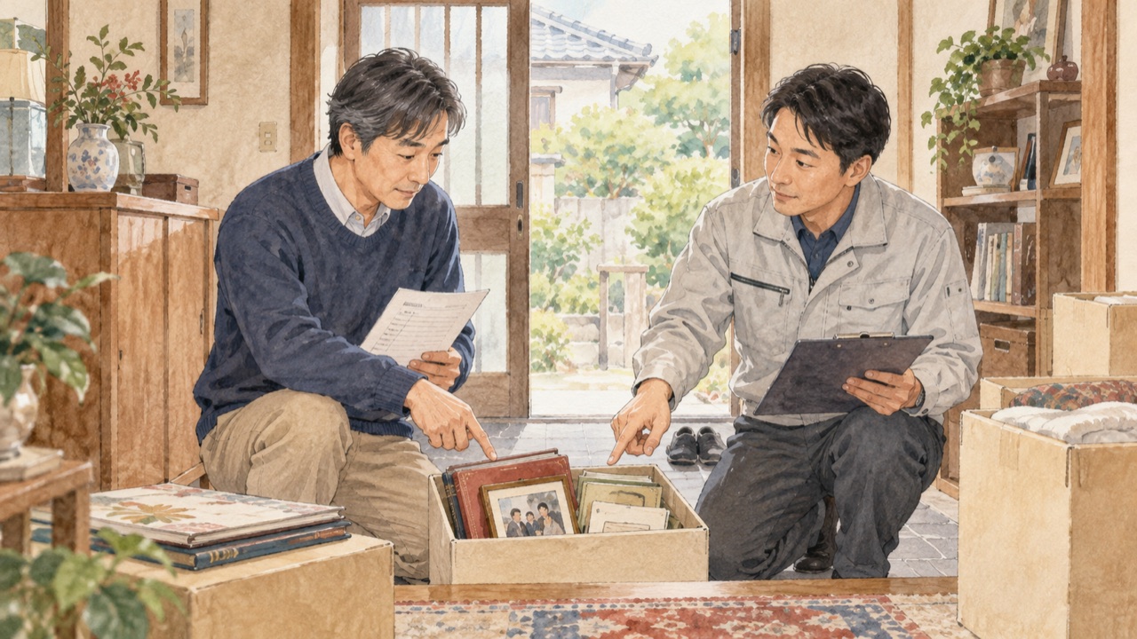 遺品整理の訪問見積もりで残す写真や書類を担当者と確認する様子